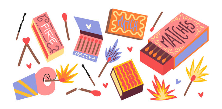 Set cartoon matches. Burning fire, matchboxes, match burns, flame, spark. Vector set of elements stickers