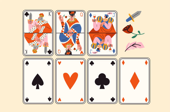 Cartoon retro full deck of game cards for playing poker and casino. Jack, queen, king, playing cards for gambling. Retro groovy hippie design clubs, hearts, spades, diamonds.