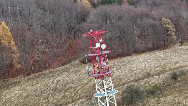 White and red lattice cell tower with dish and rectangular antennas, against a backdrop of autumn woods.