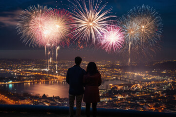 Fototapeta na wymiar Couple looks at night cityscape with colorful fireworks. A fireworks display event to celebrate or commemorate the New Year or Christmas. Concept for Merry Christmas or Happy New Year.