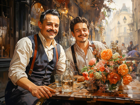 Two smiling men 1920s in a cafeteria european town square
