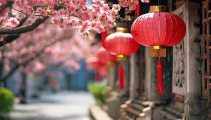 Chinese Lanterns for Chinese New Year, Cherry Blossom Festival or Moon Festival / Mid-Autumn Festival - obrazy, fototapety, plakaty