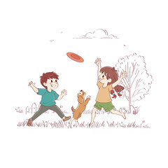 The kids are playing with the dog in the yard. Brother and sister having fun in nature with their pet. Vector illustration