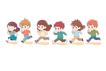 group of happy children running to the river to swim. vector illustration