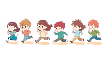 group of happy children running to the river to swim. vector illustration