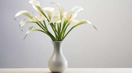 the elegant calla lilies standing tall on a clean white surface, their graceful curves and pristine white petals forming a sophisticated and refined floral arrangement.