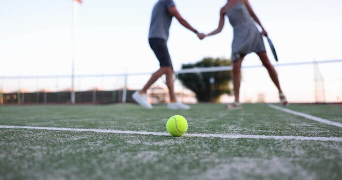 Man and woman tennis players shaking hands in middle of tennis court against background of ball and net. Completion of tennis round and tennis etiquette concept