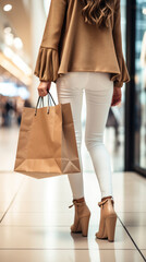 Back view of modern shopper with shopping paperbag walking in the mall bokeh blur background