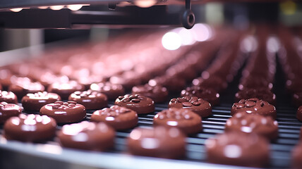 Chocolate factory's conveyor process close up. The chocolate factory.  