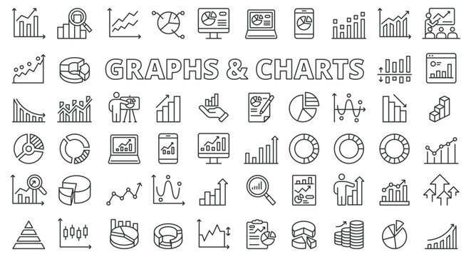 Graphs and charts icon line design. Business graph, chart, data, diagram, statistic, pie chart, data visualization vector illustrations. Graphs and charts editable stroke icons.