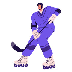 Sportsman skater in helmet play roller hockey. Quad player in uniform holds stick. Professional athlete skates, rollerblading. Summer sport game. Flat isolated vector illustration on white background