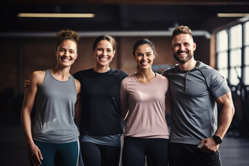 Smiling group of friends in sportswear laughing together while standing arm in arm in a gym after a workout. - obrazy, fototapety, plakaty