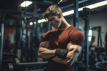 Young sporty man grabbing his arm and feeling painful during weight lifting training at gym. Sport accident, overtrain. - obrazy, fototapety, plakaty