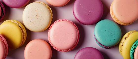 Colorful macarons on pink background.