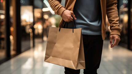 Mid section of a man holding shopping paperbag in the mall bokeh blur background - Powered by Adobe