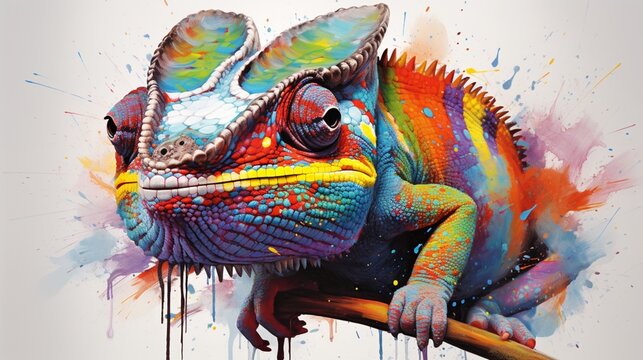  a stunning chameleon, its ability to change colors and unique appearance brought to life through vibrant brushstrokes on a clean white canvas, 