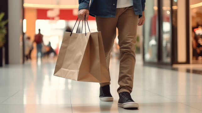 Mid section of a man walking and shopping paperbag in the mall bokeh blur background