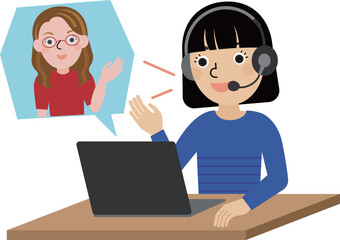 オンラインで欧米人の先生と英会話をしているヘッドセットを着用した黒髪の日本人女性