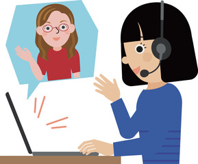 オンラインで欧米人の先生と英会話をしているヘッドセットを着用した黒髪の日本人女性の横顔