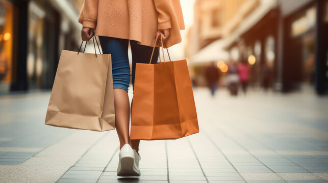 Mid section of woman holding many shopping bags in a blur bokeh community mall background