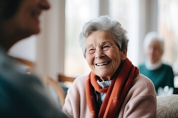 An elderly pensioner smiles, enjoying the conversation. - obrazy, fototapety, plakaty