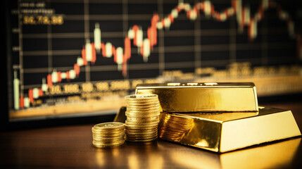 Gold bar with charts and graphs of stock market in background as a concept of gold price. --ar 16:9 --style raw --v 5.2 Job ID: 0b1ad5d4-e9b5-4047-9f73-49a79c68a3d5