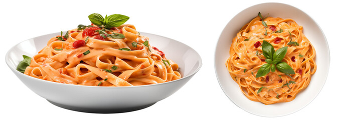Roasted Red Pepper Fettuccine Alfredo Pasta Bundle, isolated on a white background, side and top view, food collection
