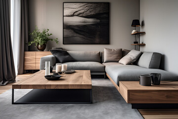 Big grey and cozy corner sofa in modern living room with big coffee table in grey and wooden colors	
