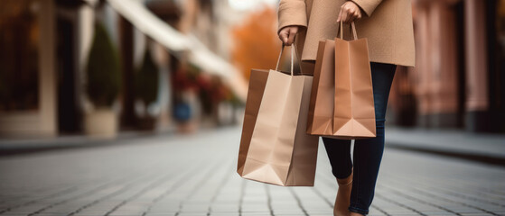 Paper shopping bags in the young woman hands on the city background