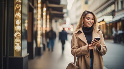 Portrait of happy woman using mobile phone standing on blur bokeh city background, consumerism lifestyle - obrazy, fototapety, plakaty