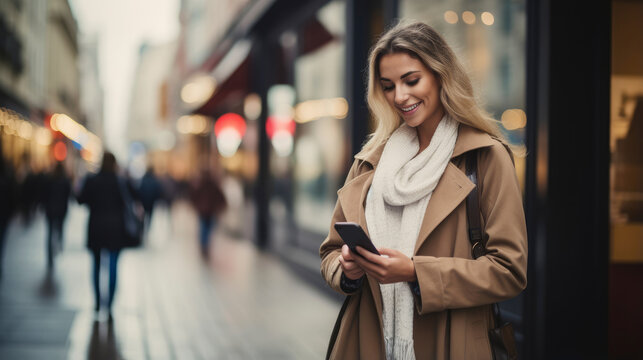 Portrait of happy woman using mobile phone standing on blur bokeh city background, consumerism lifestyle