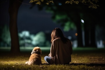 A young woman sits at night in the park with her dog and writes messages. View from the back