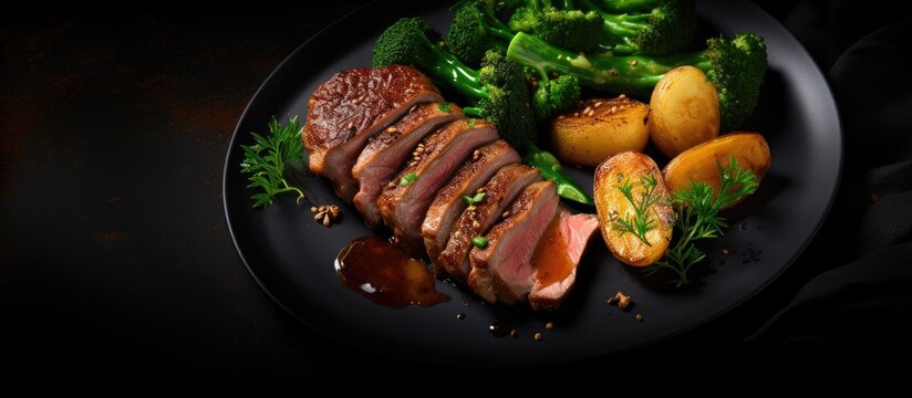 breast of duck with green pepper sauce and potatoes grenailles. Copy space image. Place for adding text