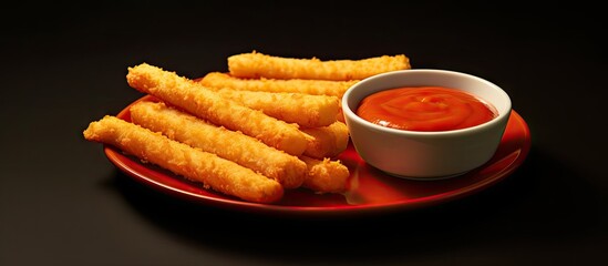Breaded mozzarella cheese sticks with ketchup and bbq sauce. Copy space image. Place for adding text