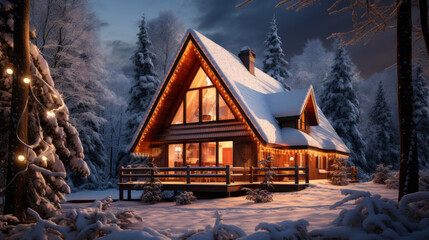 A cozy wooden house covered in snow in winter forest with the lights turn on - obrazy, fototapety, plakaty