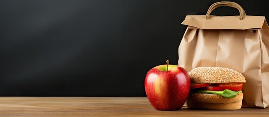 Brown paper bag with sandwich and apple for lunch. Copy space image. Place for adding text - Powered by Adobe