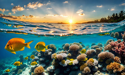 Fototapeta na wymiar Underwater magic: Split view of sunlit sea and vibrant underwater scene