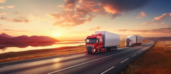 A big white truck and a red trailer with other vehicles on the countryside road in motion against a night sky with a sunset. Copy space image. Place for adding text