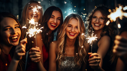 Group of happy people holding sparklers at Christmas or New year party and smiling.