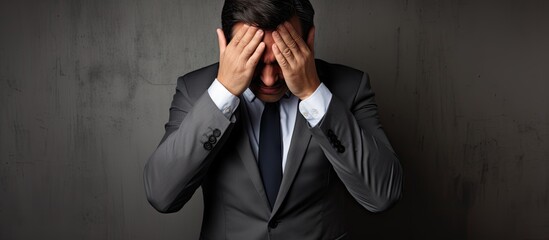 Business man frustrated and ashamed with hands on face. Copy space image. Place for adding text