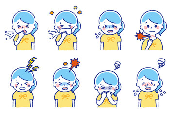 風邪をひいている子供たち。体調不良の症状が出ているセット素材。