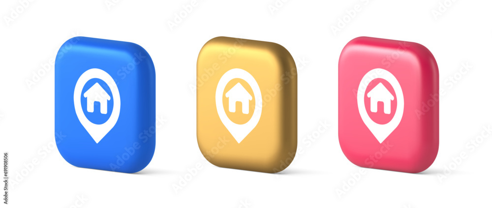 Poster house map pin location button navigation panel web app gps network pointer 3d realistic icon