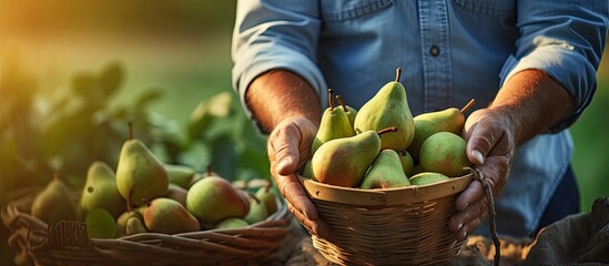 bitten pear and fresh pears in woman hands in garden farmer checks quality of the fruit harvest. Copy space image. Place for adding text - Powered by Adobe