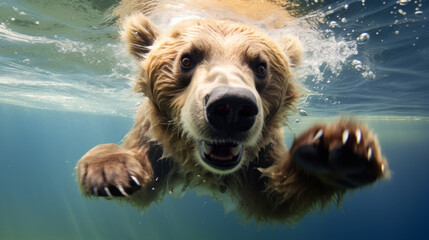 Bear jump into a water. Underwater photography. Animal dive into the Depths. Beauty of wild nature. Hunting.