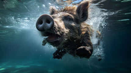 Wild boar jump into a water. Underwater photography. Animal dive into the Depths. Beauty of wild nature. Hunting.