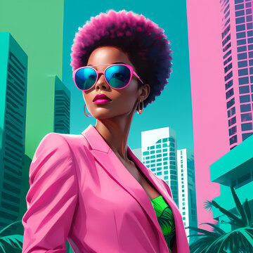 portrait of an afro woman in 80s style wearing a pink suit, with the background of vintage Miami city, synthwave style, vibrant color, miami wallpaper	