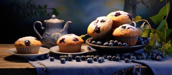 A bun with blueberries on the table Still life with blueberry baked goods Background image. Copy space image. Place for adding text