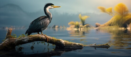 Cormorant swimming in the sea mangrove forest. Copy space image. Place for adding text - obrazy, fototapety, plakaty