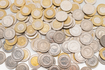 Polish Zloty coins. 1, 2 and 5 PLN coin background on the white table.