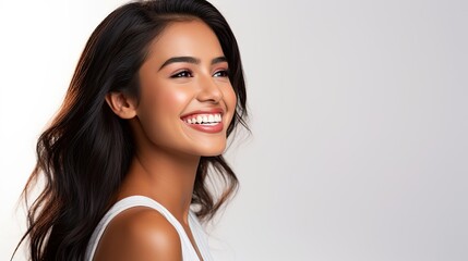 Fototapeta premium Closeup portrait of a beautiful young asian indian model woman smiling with clean teeth. used for a dental ad.